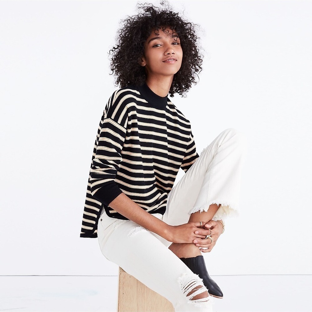 Madewell Stripe Merino Wool Mockneck Boxy Pullover Sweater G9613 EUC Size XS